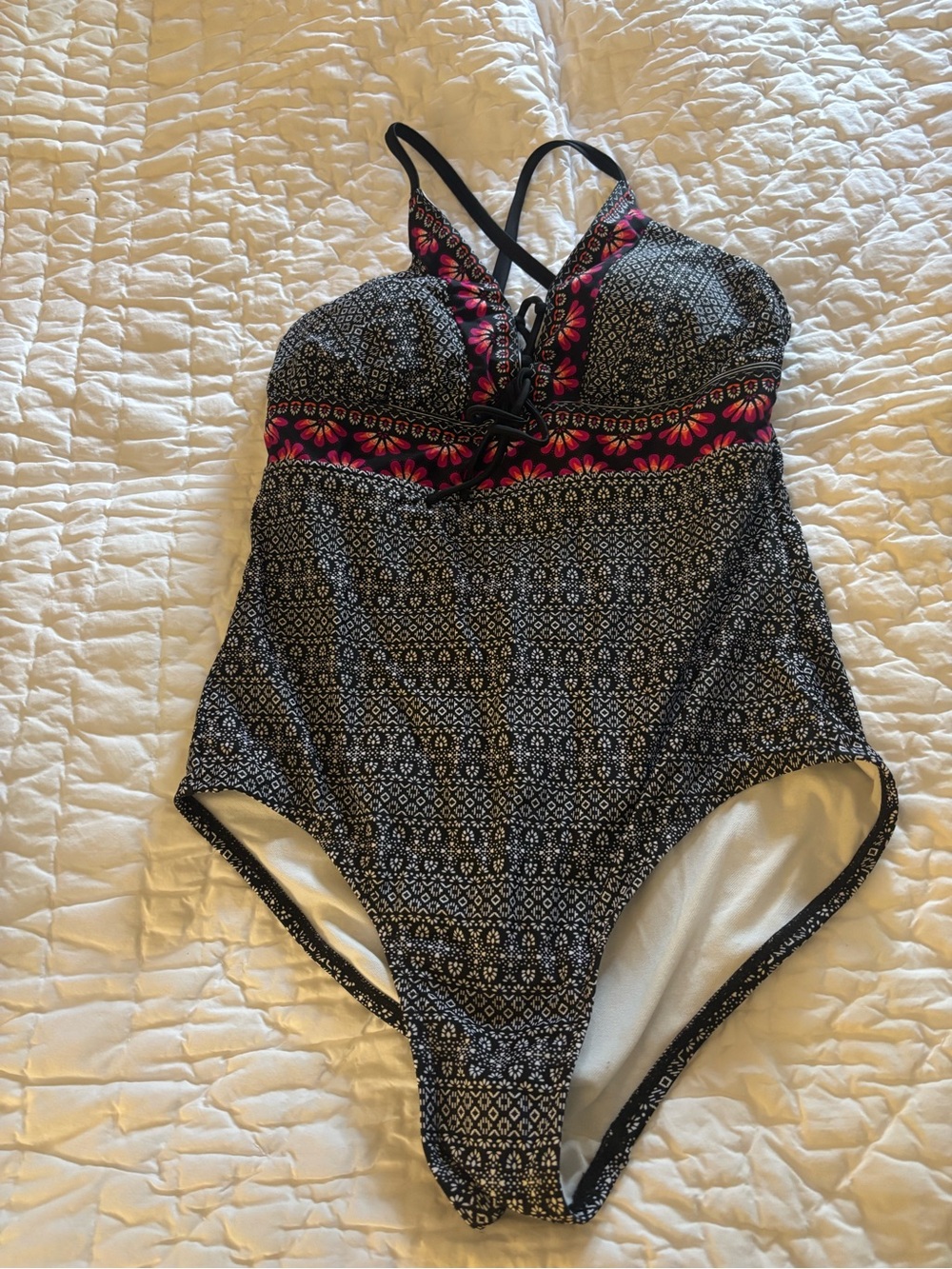 Black & Pink Patterned One-Piece Swimsuit Racerback